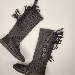 Uggs Australia Sz 6 Tall Fringe Button Knit Sweater Boots Gray